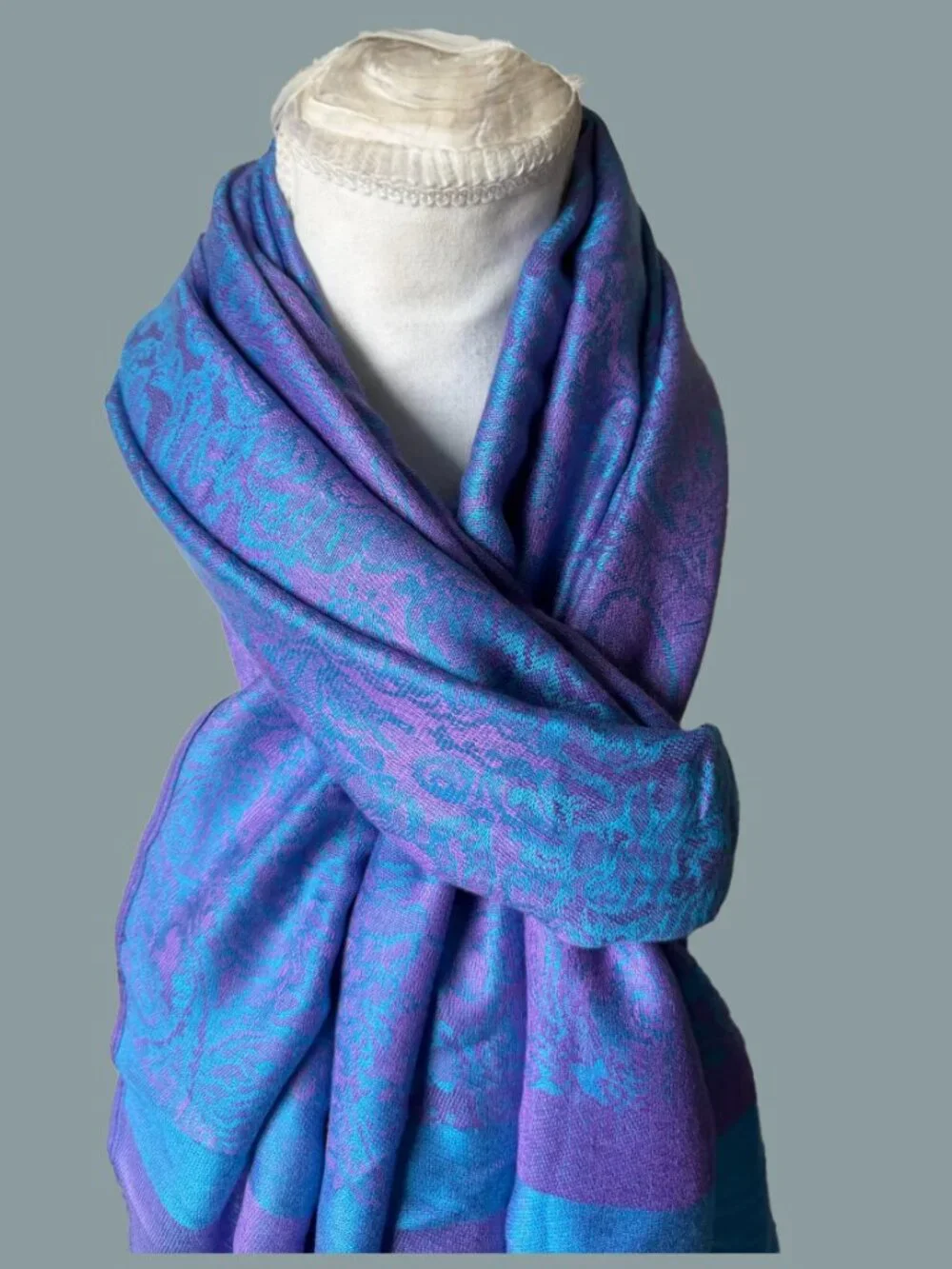 Boho Paisley Pashmina Shawl Scarf – Vibrant Purple & Turquoise Blue – Oversized
